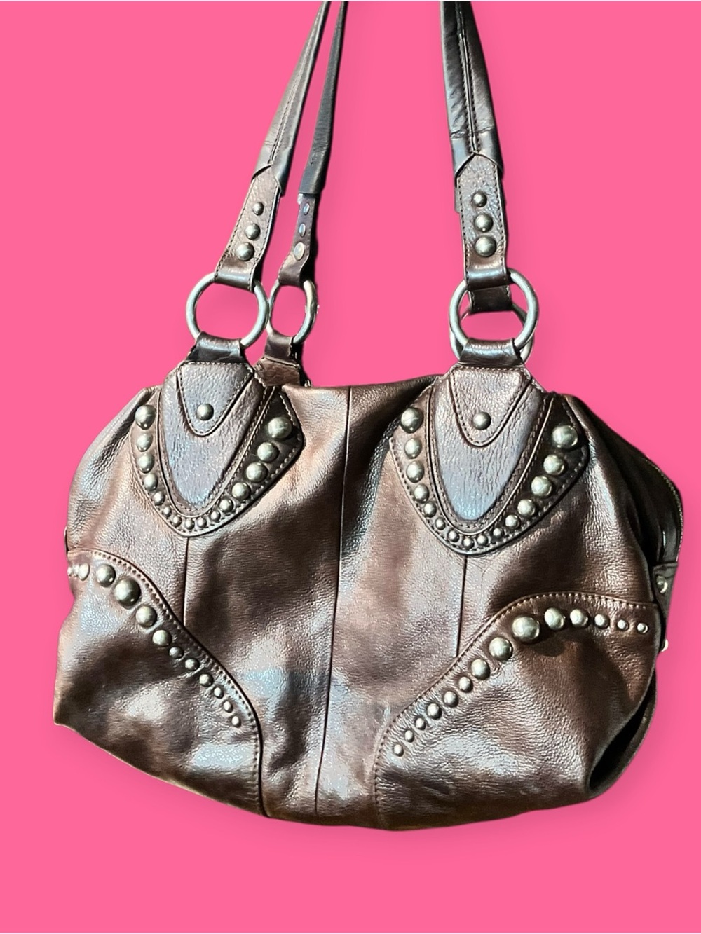 Studded Brown Leather Shoulder Bag - Picture 3 of 9